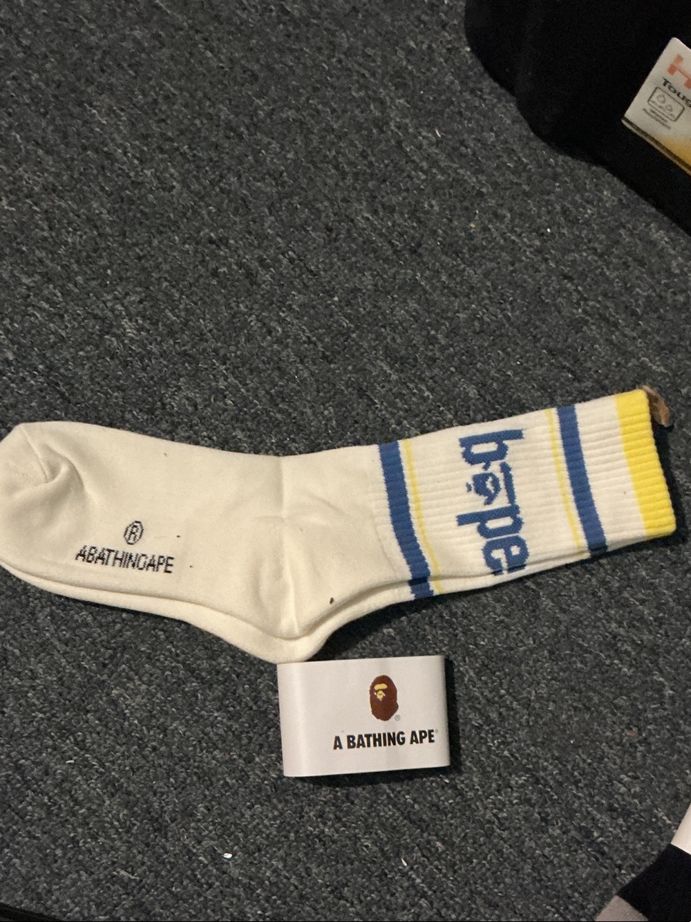 Bape White Crew Socks with Blue and Yellow Stripes